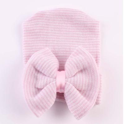 China Striped Baby Infant Girl Striped Hospital Soft Cute Knot Knit Nursery Beanie Hat Cap With Big Bow Bowknot for sale