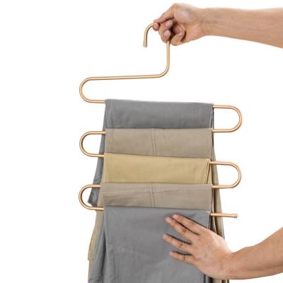 China Solid Space Saver 5 Row Metal Aluminum Alloy S Shape Multi Function Trouser Hangers for sale