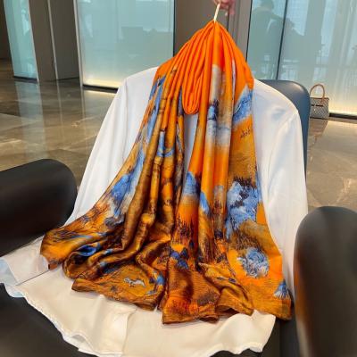 China New style silk landscape painting printing scarf spring and autumn fashion silk scarf for women thin shawl for sale