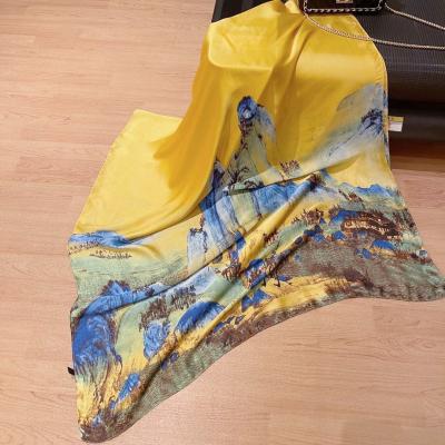 China New style silk landscape painting printing scarf spring and autumn fashion silk scarf for women thin shawl for sale