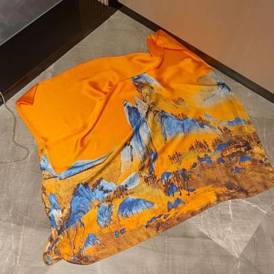 China New style silk landscape painting printing scarf spring and autumn fashion silk scarf for women thin shawl for sale