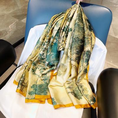 China New style silk landscape painting printing scarf spring and autumn fashion silk scarf for women thin shawl for sale