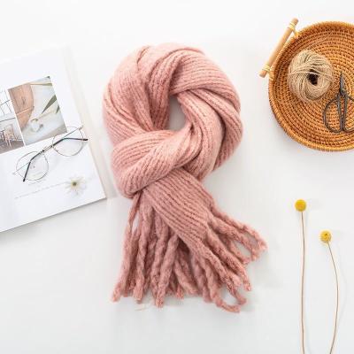 China Long New Solid Color Knitted Scarf For Women Winter Warm Women Woven Tassel Scarf Soft Thickened Neck Protection for sale