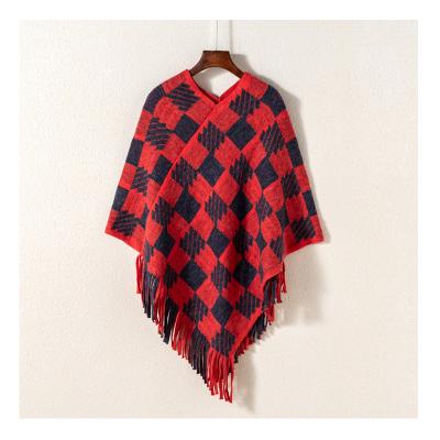 China Large size loose shawl fashion plaid tassel shawl spring fall wool acrylic cape fringed loose sweater for sale