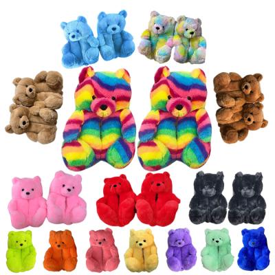 China Wholesale fashion trend cartoon soft anti-skid women's rainbow plush teddy bear fluffy indoor home slippers for sale