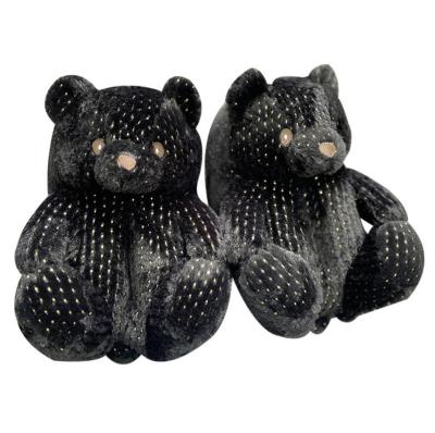 China Plush Customized Cute Sequin Black Fashion Fuzzy Stuffed Indoor Teddy Bear Warm Soft Sole Slipper for sale