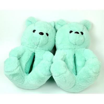 China Fashion Cute Teddy Bear Bedroom Cyan-Blue Plush Fur Plush Slippers Custom Logo Home Indoor Soft Anti-Slip Plush Slippers for sale