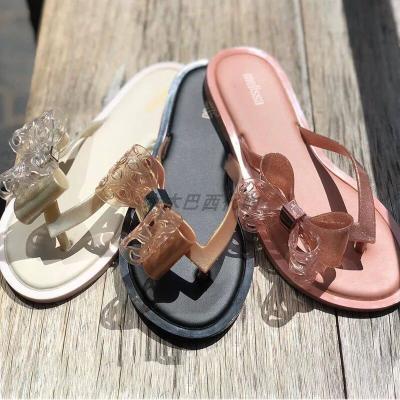 China New MELiSSA Anti-Slippery Korean Version Bowtie Slippers Flat Sandals Flip Flops For Ladies Holiday Beach Non-slip Shoes for sale