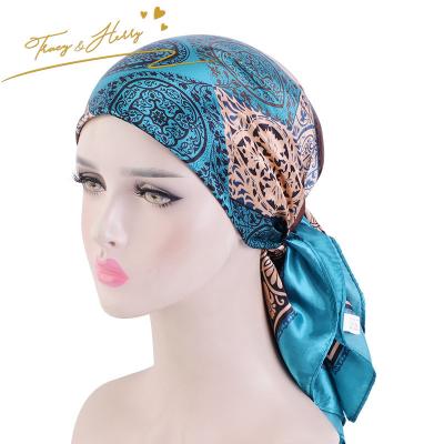 China Tracy and Herry Cashew Flower Print Square Scarf Satin Roll Head Antiperspirant Silk Hat Wrapped Turban and Herry Scarf Female 90CM for sale