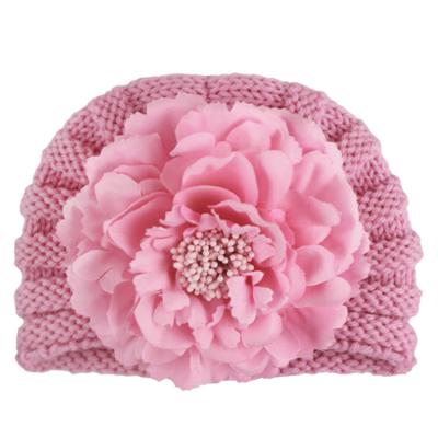 China Hair Decoration Baby Knitted Headband Polyester Turban Baby Hat Girl Hair Accessories With Big Flowers 9 Solid Colors for sale