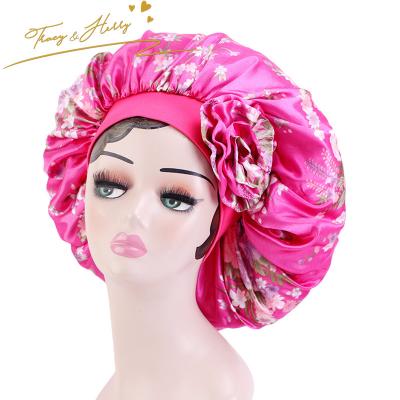 China Tracy antiperspirant and Herry satin brim nightcap beauty salon printing large round border cap stretch wide hat for sale