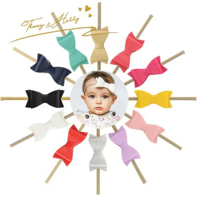 China Sweet Tracy and Herry elastic nylon hair bow headband kids leather bow accessories handmade wholesale headwear 2021 for sale