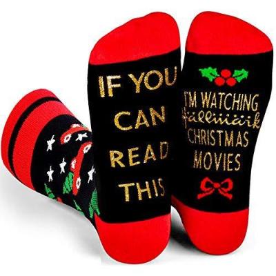 China Custom Cotton New Year 2023 Sock Gift Navidad I WATCH CHRISTMAS MOVIES Glitter Gold Luxury Christmas Socks for sale