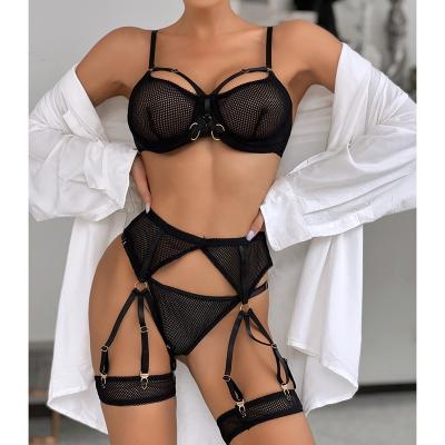 China Breathable hot selling Europe and America mesh sexy diet prospect soft fashionable four pieces set sexy lingerie for women for sale