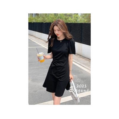 China Other Summer Black Knitting Korean Casual Dress One Line Round Neck Gray Good Fashion Cotton Pleats From China for sale