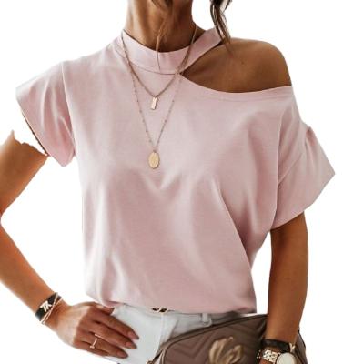 China Anti-wrinkle Girls Shoulder Short Sleeve O Neck Ladies Fashion Custom Logo T-Shirt for sale