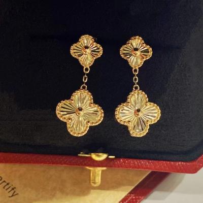 China 6 Grams FASHIONABLE 18K Pure Solid Gold Dancing Lucky Clover Stud Earrings Real 18K Gold Shiny Clover Earring and Necklace for sale