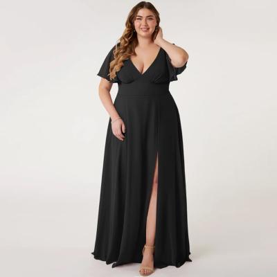 China Perfect Plus Size Black Chiffon Long Bridesmaid Dress Short Sleeves Keyhole Ruched A-Line V-neck Front Split Slit for sale