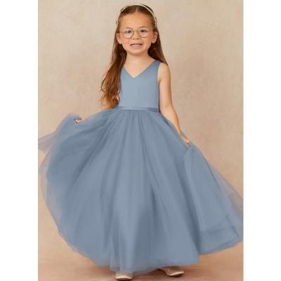 China New Design Blue Tulle Flower Girl Dress Children's Dresses Gown V-neck Customized Sleeveless for sale