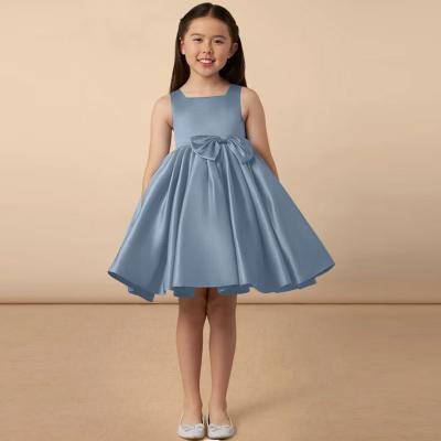 China Wholesale Girl Kids Dress Blue Satin OEM ODM Baby Flower Girl Dresses Clothing Custom-made Size Knee-length Ruffles Ball for sale