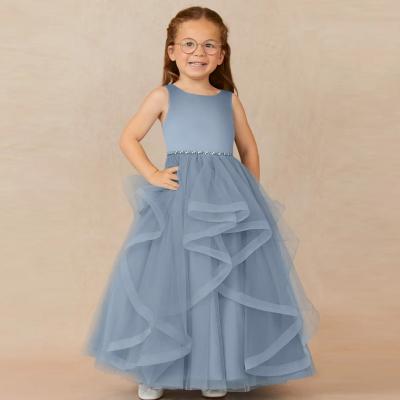 China Beautiful Girl Kids Dress Blue Tulle OEM ODM Baby Flower Girl Dresses Sleeveless Round Neckline Ruffles Ball Gown Wholes for sale