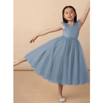 China Popular Girl Kids Dress Blue Tulle OEM ODM Baby Flower Girl Dresses Sleeveless Round Neckline Ruffles Ball Gown Retailer for sale