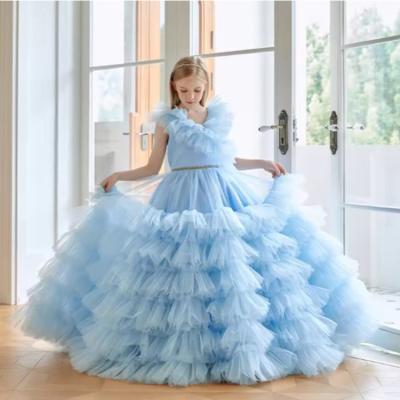 China Summer Girl Clothing Blue Flower Tutu Long Wedding Dress Flower Girl Puffy Birthday Dresses Child for sale