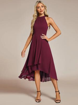 China A Line Sleeveless Halter Neck Wedding Guest Dress Burgundy Chiffon Cocktail Dresses for sale