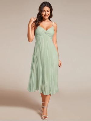 China V-neck Empire Midi Mint Green Chiffon Stacked Pleating Backless Wedding Guest Dress Cocktail Dresses for sale