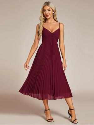 China V-neck Empire Midi Burgundy Chiffon Stacked Pleating Backless Wedding Guest Dress Cocktail Dresses for sale