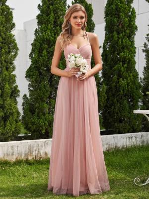 China Lace Back Cross-strap V-neck Spaghetti Strap Empire A-line Pleated Sleeveless Pink Tulle Bridesmaid Dress for sale