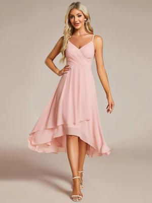 China Elegant V-neck Spaghetti Strap Empire A-line High-low Chiffon Wedding Guest Dress Midi Pink Bridesmaid Dress  for sale