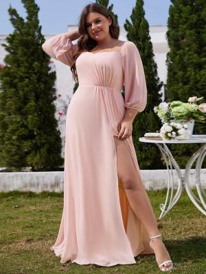 China Plus Size Ruffled Sweetheart Neck Long-sleeved High Slit Pink Chiffon Off-shoulder Bridesmaid Dresses  for sale