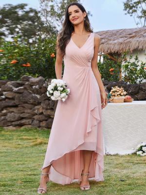 China Sexy High-low Ruffles V-neck Waist Pleating Two Straps Pink Chiffon Pleated Lotus Leaf Sleeveless Bridesmaid Dress for sale