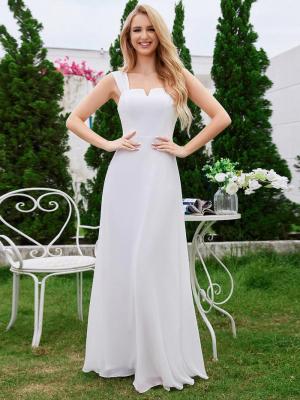 China Empire High-waisted Sleeveless Cap Sleeve Square Neck Invisible Zipper White Chiffon Graduation Dress for sale