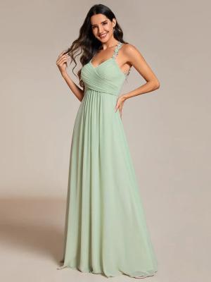 China Empire A-line Backless Floral Halter Neck V-neck Pleated Cut-out Back Zipper Mint Green Chiffon Bridesmaid Dress   for sale