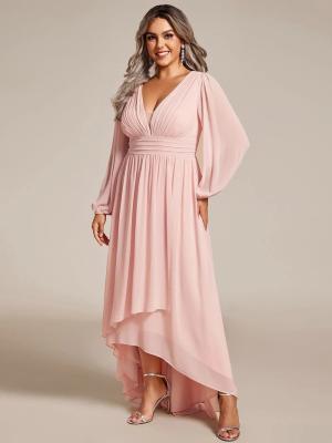 China V-neck Plus Size Enchanting Lotus Leaf Lantern Sleeve Pleated Empire High Waist A-line Pink Chiffon Bridesmaid Dress for sale