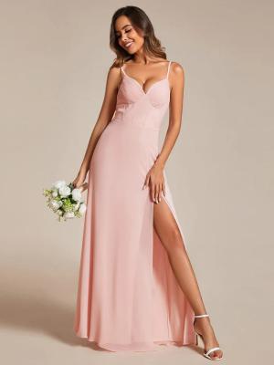 China Empire A-line Ruffled V-neck Spaghetti Strap High Slit Corset Top Zipper Pink Chiffon Bridesmaid Dress  for sale