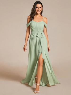 China Plus Size A-line Ruffled V-neck Spaghetti Strap High Slit Mint Green Chiffon Bridesmaid Dress for sale