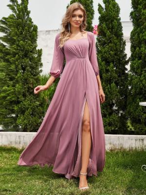 China Plus Size Ruffled Long Sleeve High Slit Off-shoulder High Slit Purple Orchid Chiffon Cocktail Dress for sale