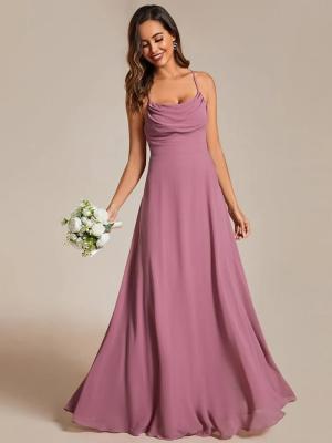 China Boat Neck Empire A-line Ruffled Adjustable Spaghetti Strap Zipper Purple Orchid Chiffon Bridesmaid Dresses for sale