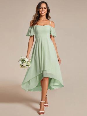 China Empire Off-shoulder Spaghetti Strap Zipper High-low Wedding Guest Dresses Short Sleeves Mint Green Chiffon Graduation Dr for sale