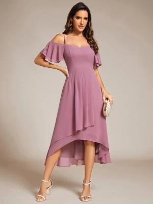 China Empire Off-shoulder Spaghetti Strap Zipper High-low Wedding Guest Short Sleeves Purple Orchid Chiffon Homecoming Dress  for sale