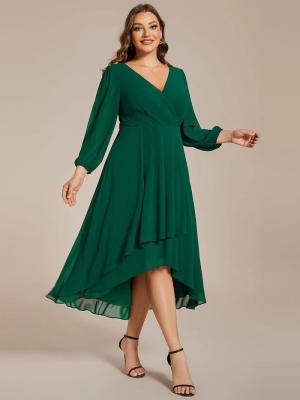 China Plus Size Ruffled A-line Long Sleeve V-neck High Low Wedding Guest Dark Green Chiffon Graduation Dress for sale