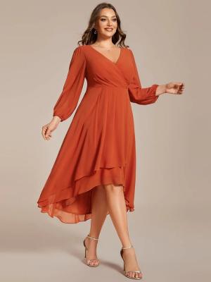 China Plus Size Ruffled A-line Long Sleeve V-neck High Low Wedding Guest Burnt Orange Chiffon Homecoming Dress for sale