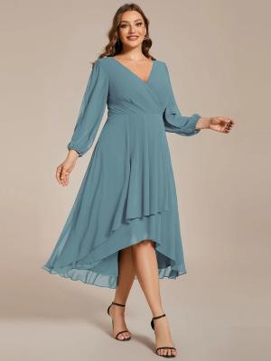 China Plus Size Ruffled A-line Long Sleeve V-neck High Low Wedding Guest Dusty Blue Chiffon Cocktail Dress for sale