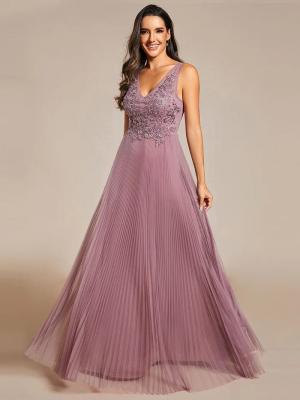 China Elegant V-neck Floor-length Appliqued Zipper Two Straps A-line Purple Orchid Crepe Tulle Evening Dress  for sale