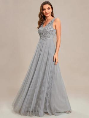 China Elegant V-neck Floor-length Appliqued Zipper Two Straps A-line Grey Crepe Tulle Evening Dress for sale