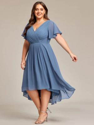 China Empire Plus Size V-neck High-low A-line Short Sleeve Ruffled Dusty Navy Chiffon Wedding Guest Evening Dress for sale