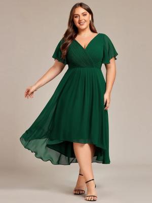 China Empire Plus Size V-neck High-low A-line Short Sleeve Ruffled Dark Green Chiffon Wedding Guest Evening Dress for sale